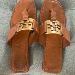 Tory Burch tan sandals with gold monogram T size  6